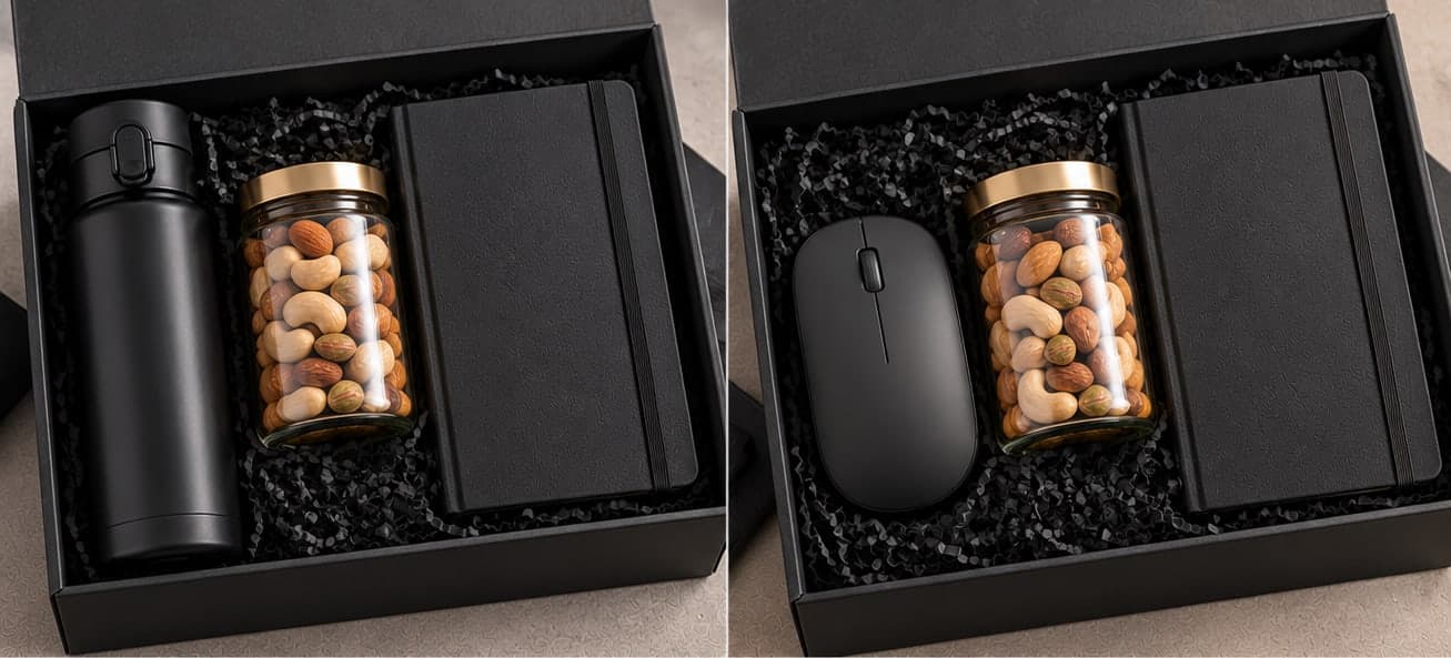 Black executive gift boxes with a bottle, wireless mouse, nut jar and notebook