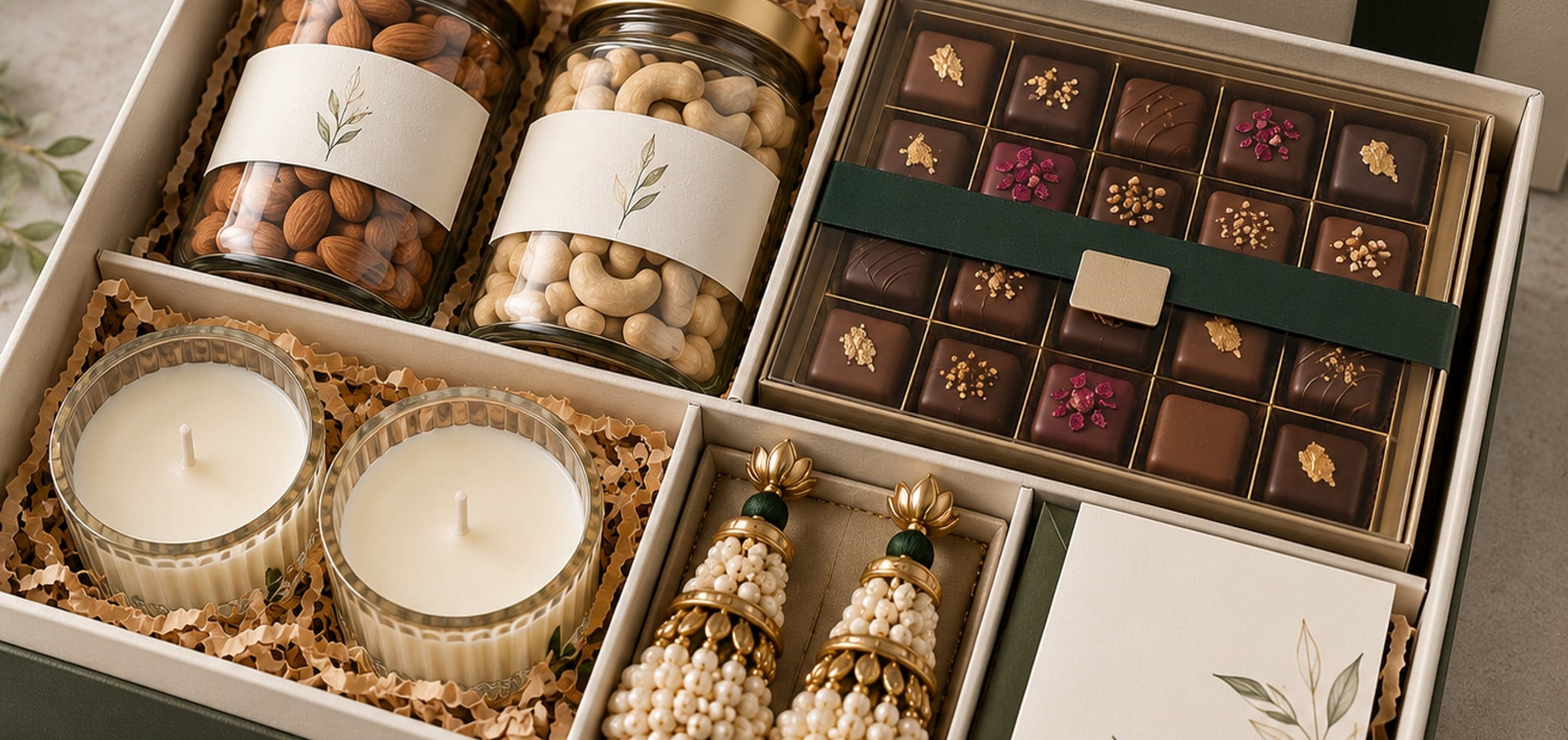 Diwali gift box with dry fruit jars, handmade chocolates, candles, a pearl door-hanging toran and a personalised card