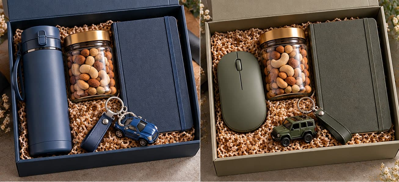 Navy and olive gift boxes with a bottle, wireless mouse, nut jar, notebook and car keyring