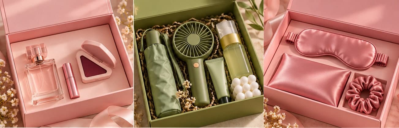 Pink and green gift boxes with fragrance, a travel fan set and a silk sleep set