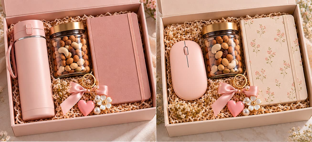 Pink gift boxes with a tumbler, wireless mouse, nut jar, notebook and keychain